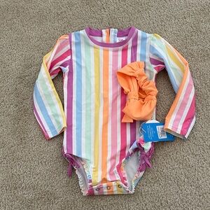 NWT girls Ruffle Butts Rainbow one piece swim suit and bow size 3T